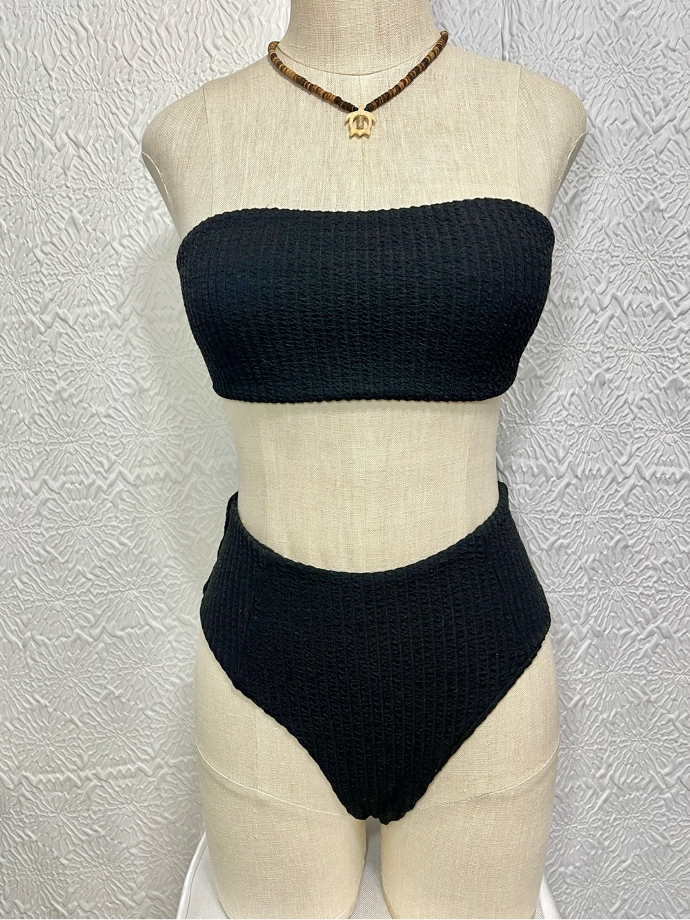 Textured Black Bandeau Bikini Set